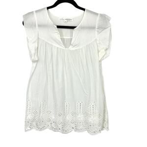 Ulla Johnson Cotton Blouse Womens Size 6 White Eyelet Lace Trim Ruffle Sleeves